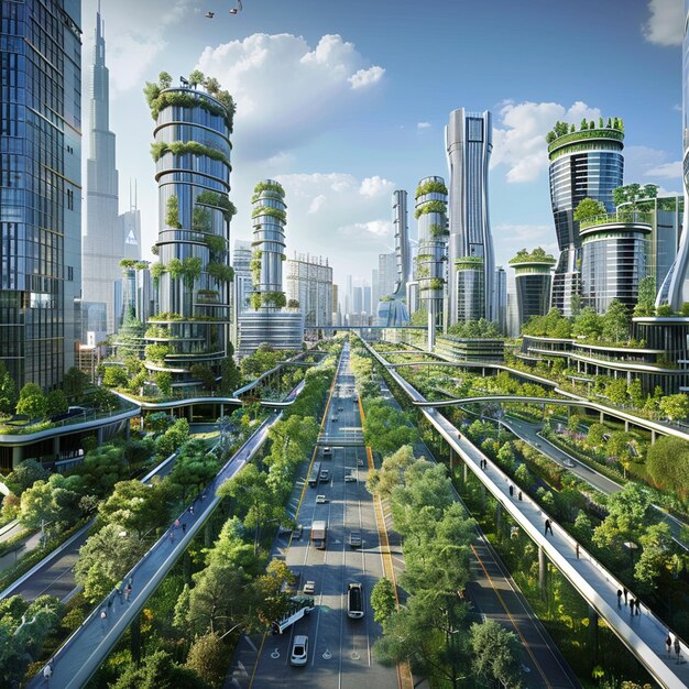 Smart City Innovation HighTech Urban Landscape with Green Buildings