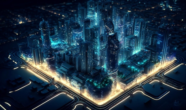 Smart city at night application development concept smart city Internet of things smart life information technology