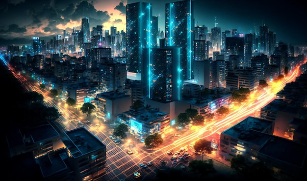 Smart city at night application development concept smart city Internet of things smart life information technology