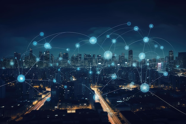 Smart city at night with a large looping full moon in the night