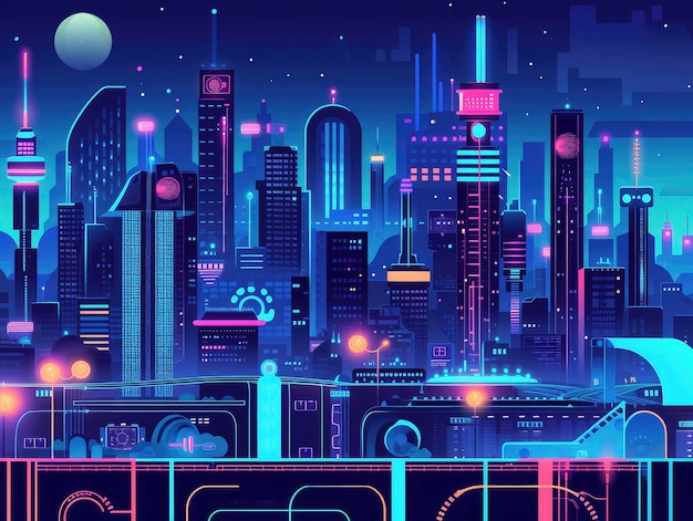 Smart City Nightscape Illustration Highlighting Application Development and Smart Tech