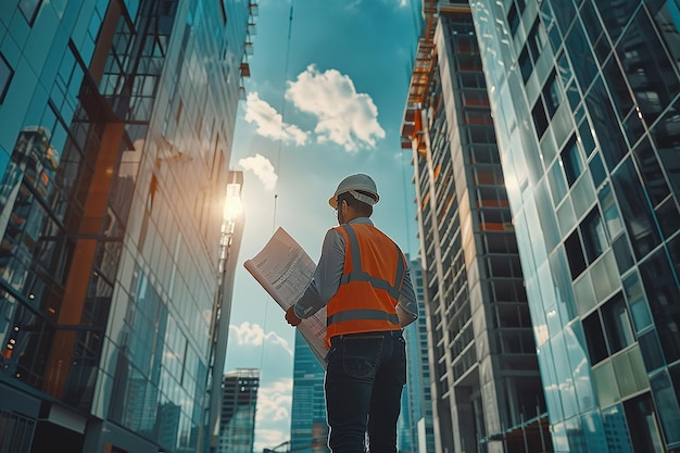 Smart civil architect engineer inspecting and working outdoors building side with blueprints