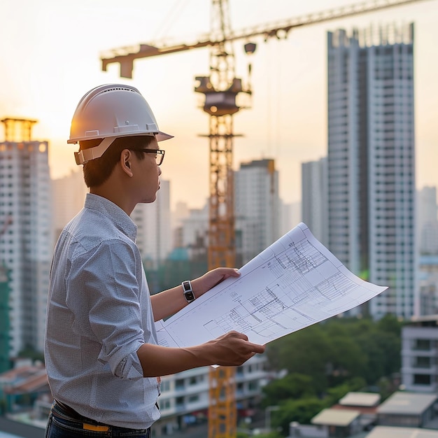 Smart civil architect engineer inspecting and working outdoors building side with blueprints