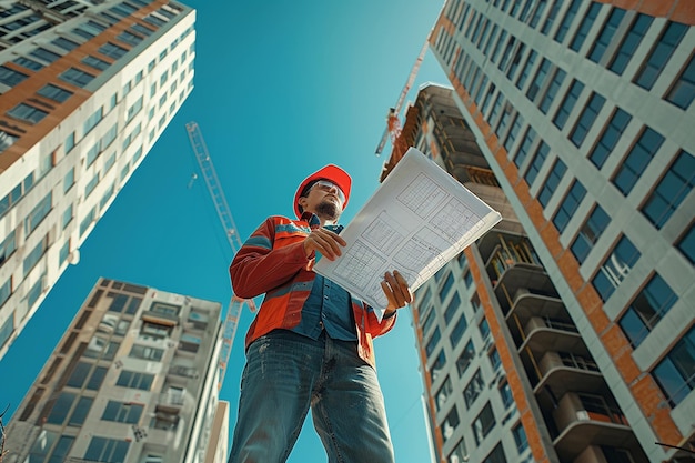 Smart civil architect engineer inspecting and working outdoors building side with blueprints