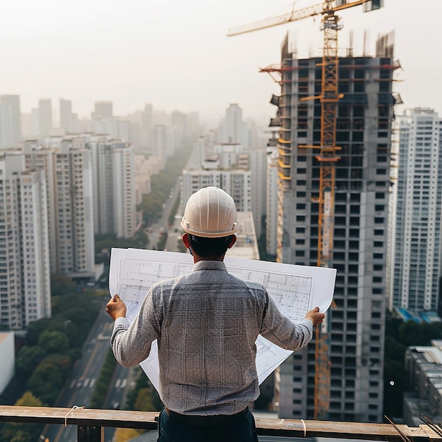 Smart civil architect engineer inspecting and working outdoors building side with blueprints