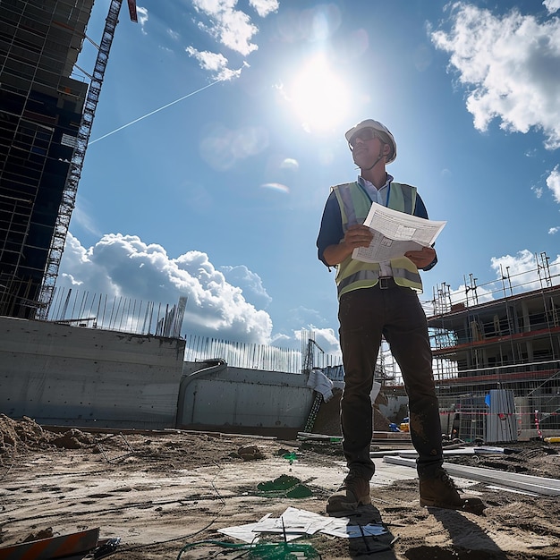 Smart civil architect engineer inspecting and working outdoors building side with blueprints