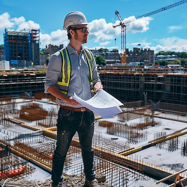 Smart civil architect engineer inspecting and working outdoors building side with blueprints