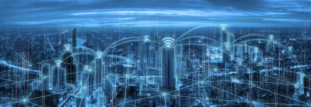 Smart connection network system smart city network conceptWireless network and connection city