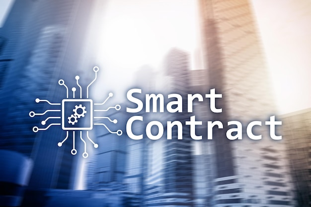 Smart contract blockchain technology in business finance hitech concept Skyscrapers background