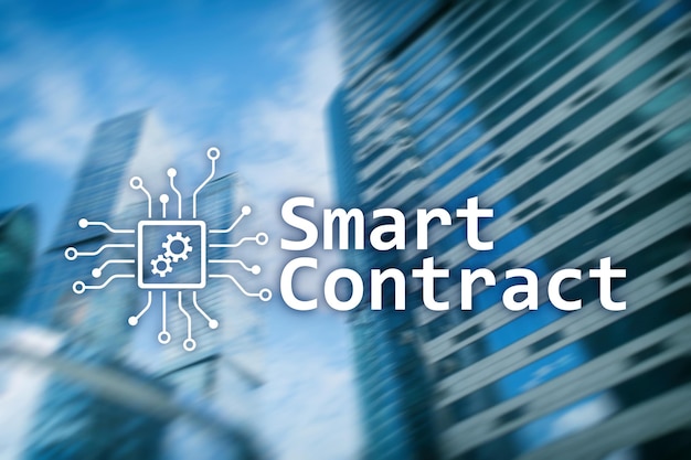 Smart contract blockchain technology in business finance hitech concept Skyscrapers background