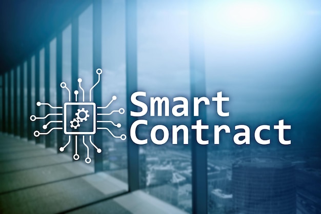 Smart contract blockchain technology in business finance hitech concept Skyscrapers background