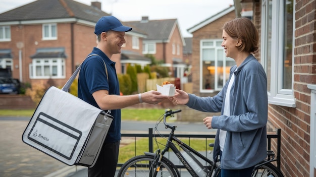 Photo smart delivery food service man handing food to recipient customer at home woker service food shopp