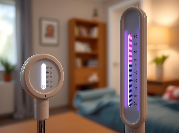 a smart device with thermometer on it is in a room with a blue bed