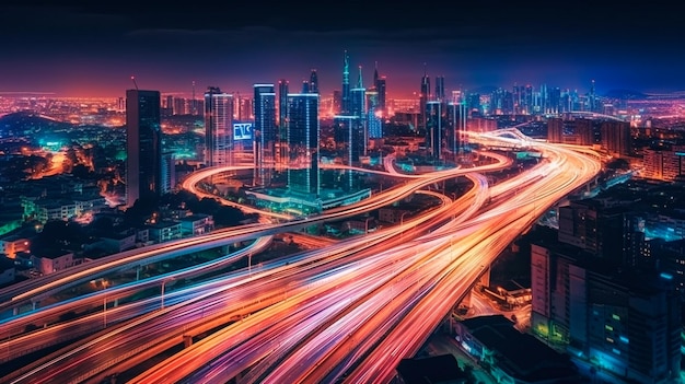 Smart digital city with high speed light trail of cars of digital data transfer Generative AI