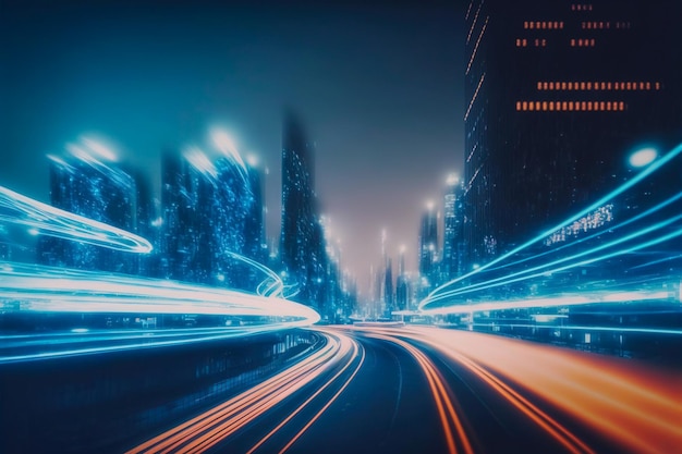 Smart digital city with high speed light trail of cars of digital data transfer