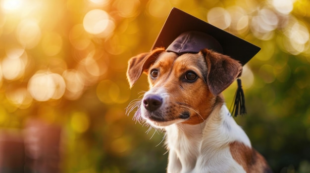 smart dog animal pet wearing a hat graduated bachelor landscape background