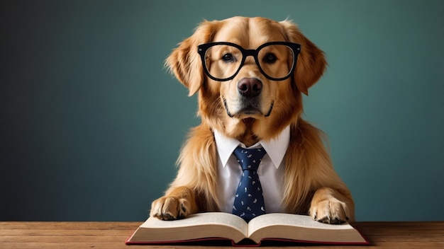 Photo a smart dog in eyeglasses and a tie reads a book funny golden retriever