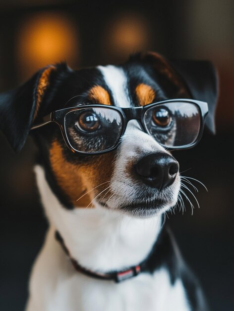 Photo smart dog wearing glasses cute pet portrait for marketing and advertising