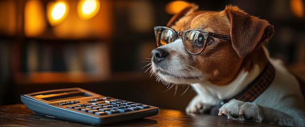 Photo smart dog wearing glasses and looking at calculator