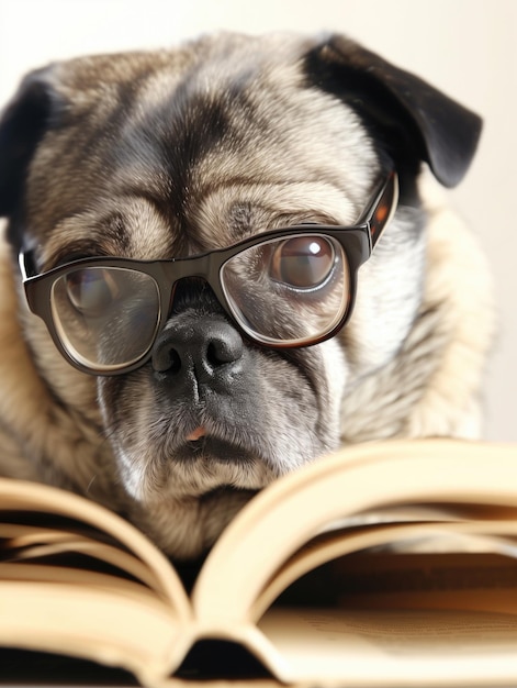 Smart dog with glasses reading a book Intellectual pet portrait on light background