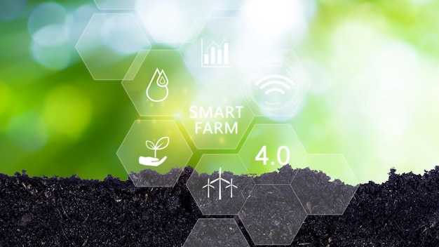 Smart farm agriculture concept with infographics Smart farming and precision agriculture 40 with visual icon digital technology agriculture and smart farming concept