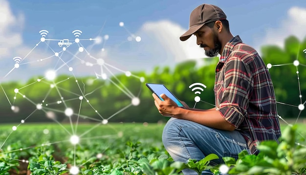 A smart farm using IoT sensors in the fields with a farmer monitoring crop conditions on a tablet