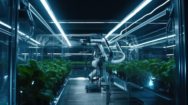 Smart farming agricultural technology Robotic arm harvesting hydroponic lettuce in a greenhouse Ai Generated Image