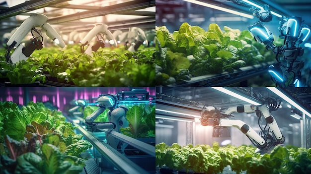 Smart farming agricultural technology robotic arm harvesting hydroponic lettuce in a greenhouse glow in night A professional photography should use a high quality Generative AI