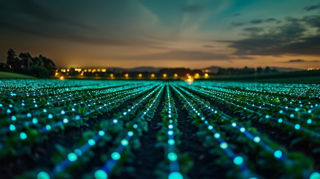 Photo smart farming technology at night with crop rows highlighted by digital grid generative ai