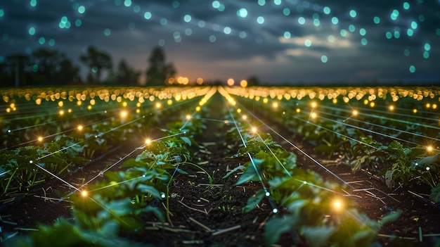 Photo smart farming technology with digital grid overlay on crop rows generative ai