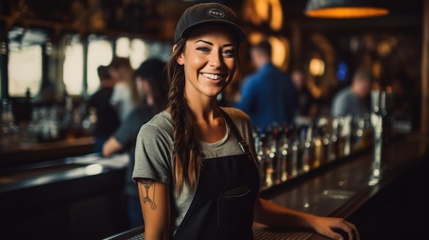 smart female bartender serving craft beer at the bar