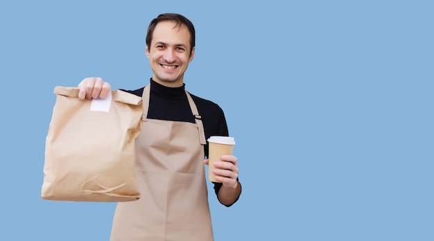 smart food delivery service man handing fresh food to recipient. courier at home, express delivery, food delivery, online shopping concept.