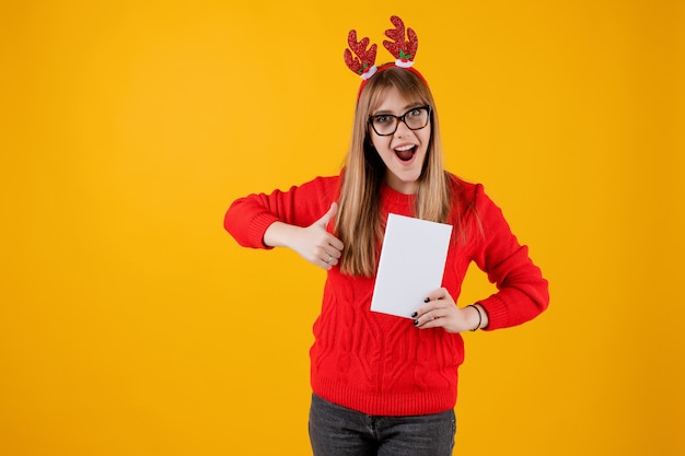 Smart funny woman holding book with copy space cover reading with glasses