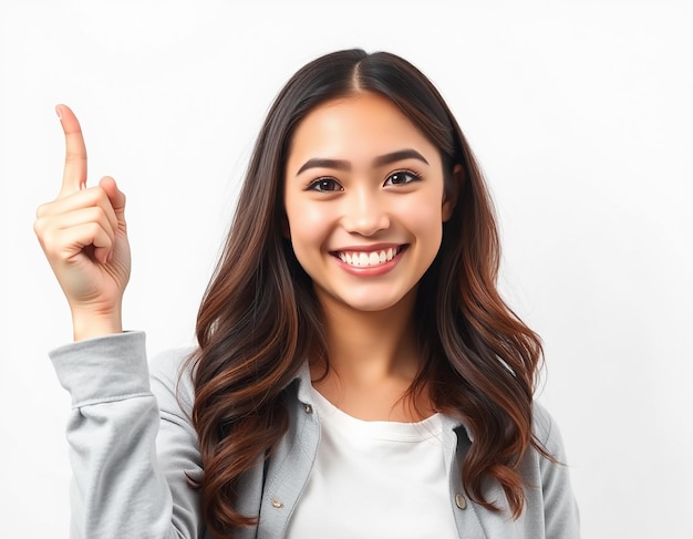 Smart goodlooking creative young brunette girl giving advice pointing upper left corner suggest promo smiling pleased approve some product standing white background