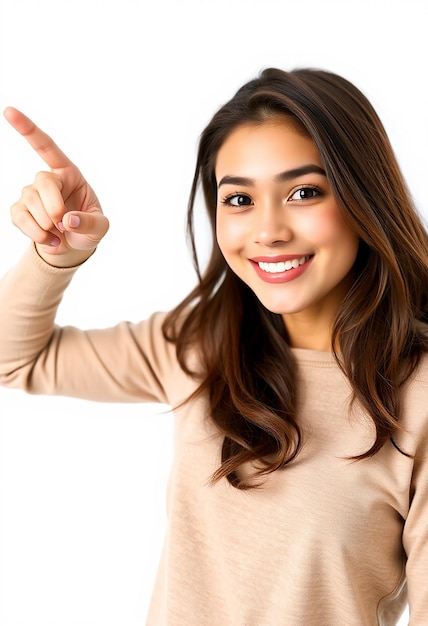 Smart goodlooking creative young brunette girl giving advice pointing upper left corner suggest promo smiling pleased approve some product standing white background