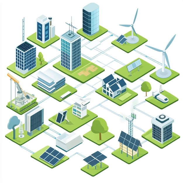 Photo a smart grid system that optimizes the distribution of energy from various renewable sources