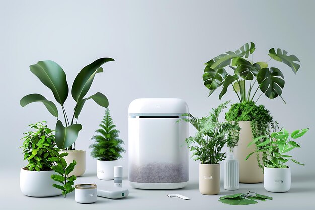 Photo smart home air purifier with plants in minimalist setting