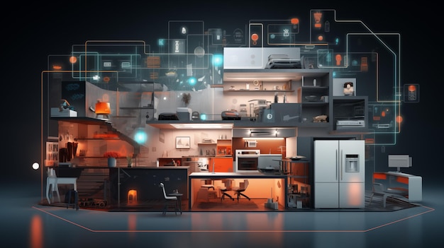 Smart home concept of the Internet of Things featuring various connected devices