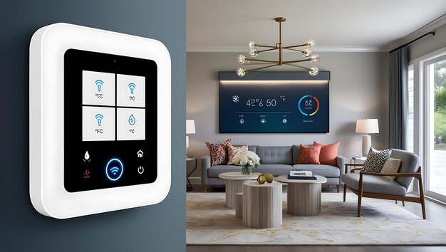 Photo smart home control panel in modern living room