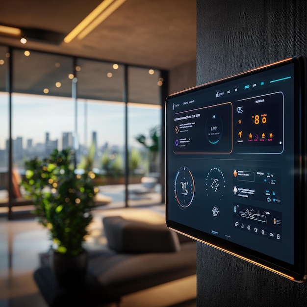 Smart Home Control Panel with Futuristic Interface and City Skyline View