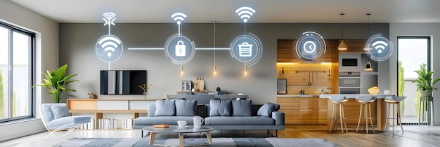 Photo smart home devices controlling futuristic living space