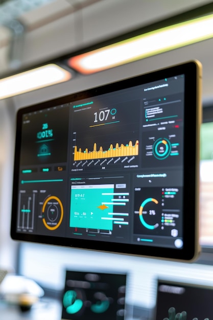 Photo smart home energy dashboard interface displaying realtime consumption and savings on tablet screen