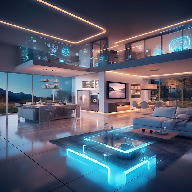 Smart home interior showcasing interconnected devices and appliances technology internet of things