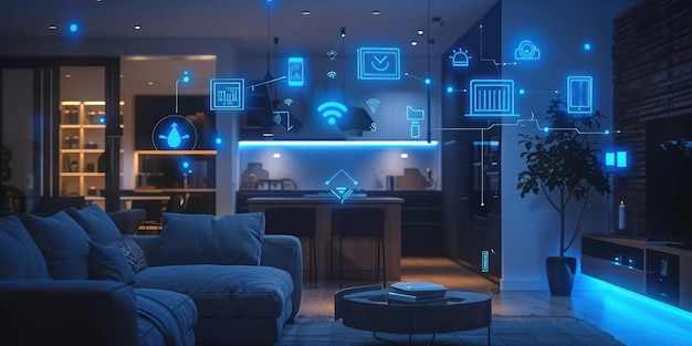 Smart Home Interior with Futuristic Blue Interfaces