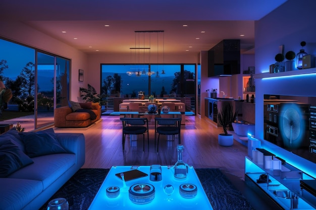 A smart home interior with various connected