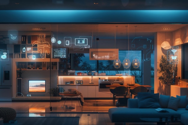 A smart home interior with various connected