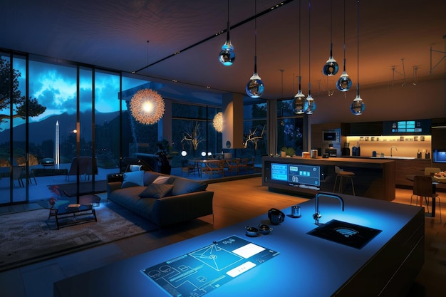 A smart home interior with various connected