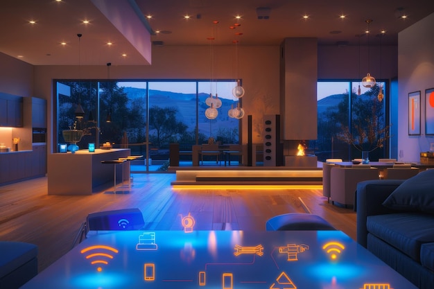 A smart home interior with various connected