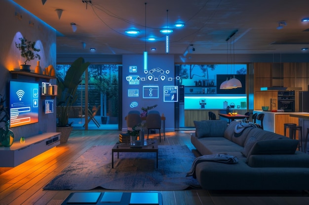 A smart home interior with various connected