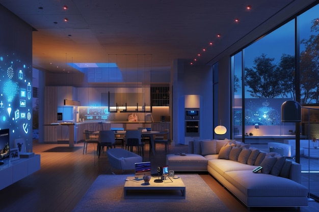 A smart home interior with various connected